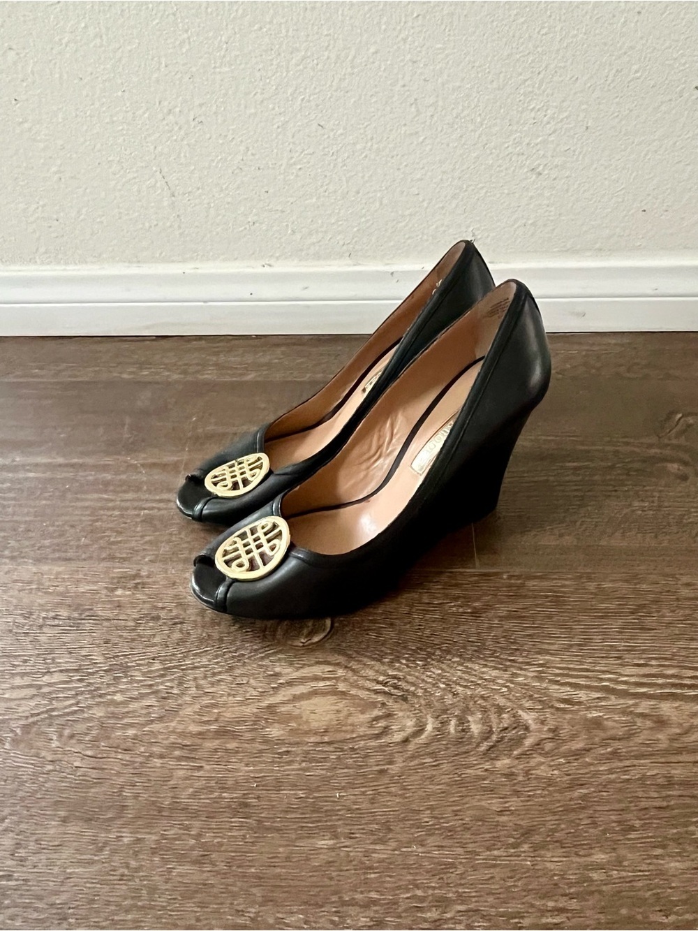 Audrey Brooke Black Wedge Peep-Toe Pumps with Gold Medallion